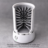 Cutaway view of the PackPaws paw washer: rows of tapered silicone fingers line the inner wall, and an arrow shows the inner chamber turning about its center axis