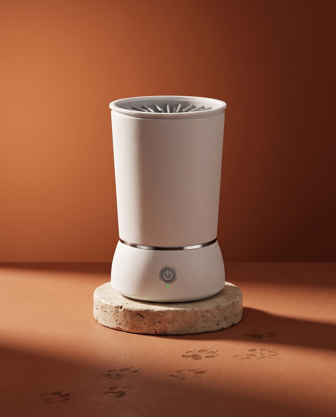 PackPaws automatic dog paw-washer cup, a white cordless cleaning cup with soft silicone bristles inside